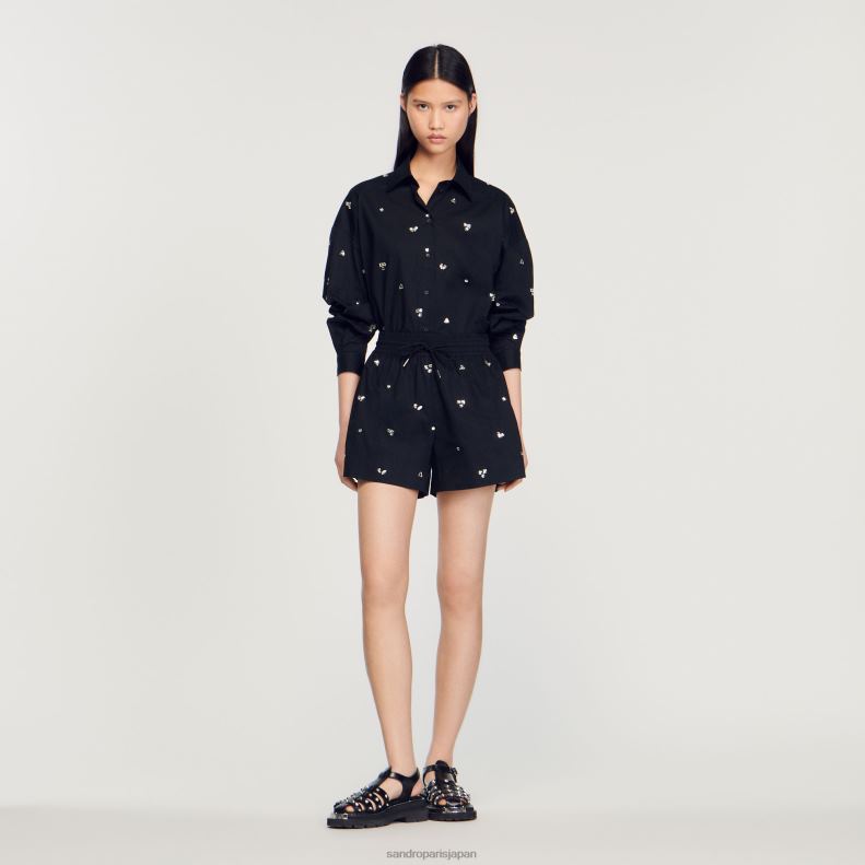 jp Sandro Paris 女性 手刺繍 ショートパンツ 黒 20D4B236 衣服