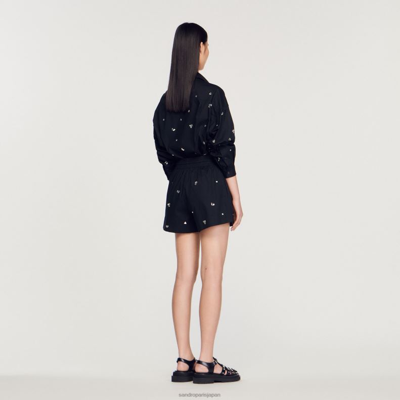 jp Sandro Paris 女性 手刺繍 ショートパンツ 黒 20D4B236 衣服