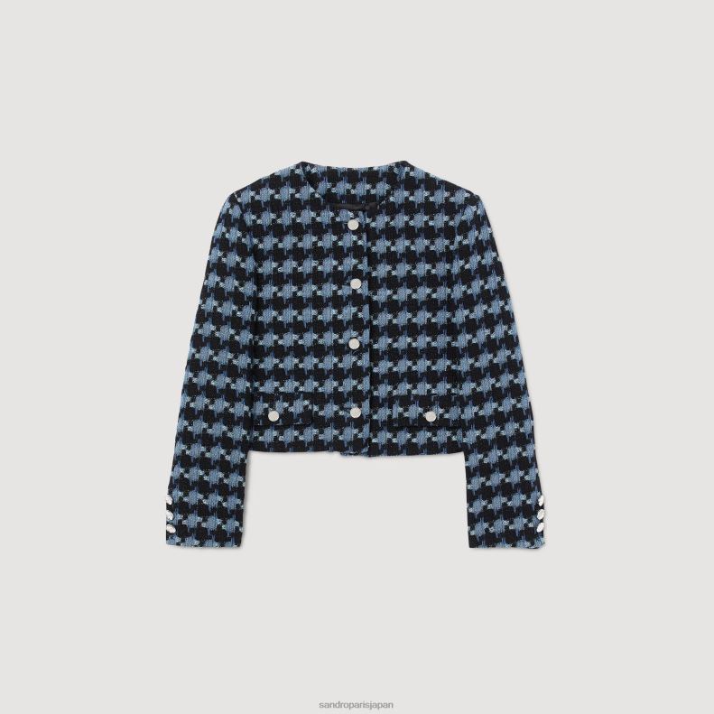 jp Sandro Paris 女性 クロップド千鳥格子 ツイードジャケット 青黒 20D4B37 衣服