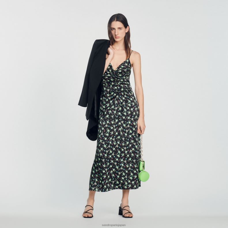 jp Sandro Paris 女性 花柄のロングドレス 黒 20D4B388 衣服