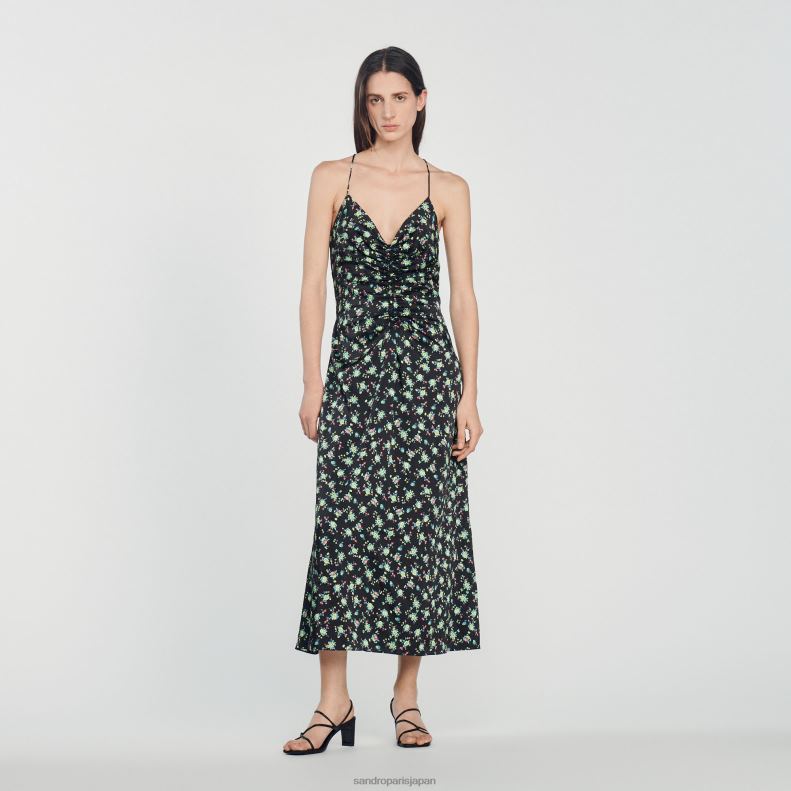 jp Sandro Paris 女性 花柄のロングドレス 黒 20D4B388 衣服