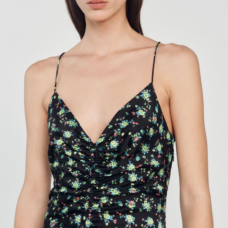 jp Sandro Paris 女性 花柄のロングドレス 黒 20D4B388 衣服