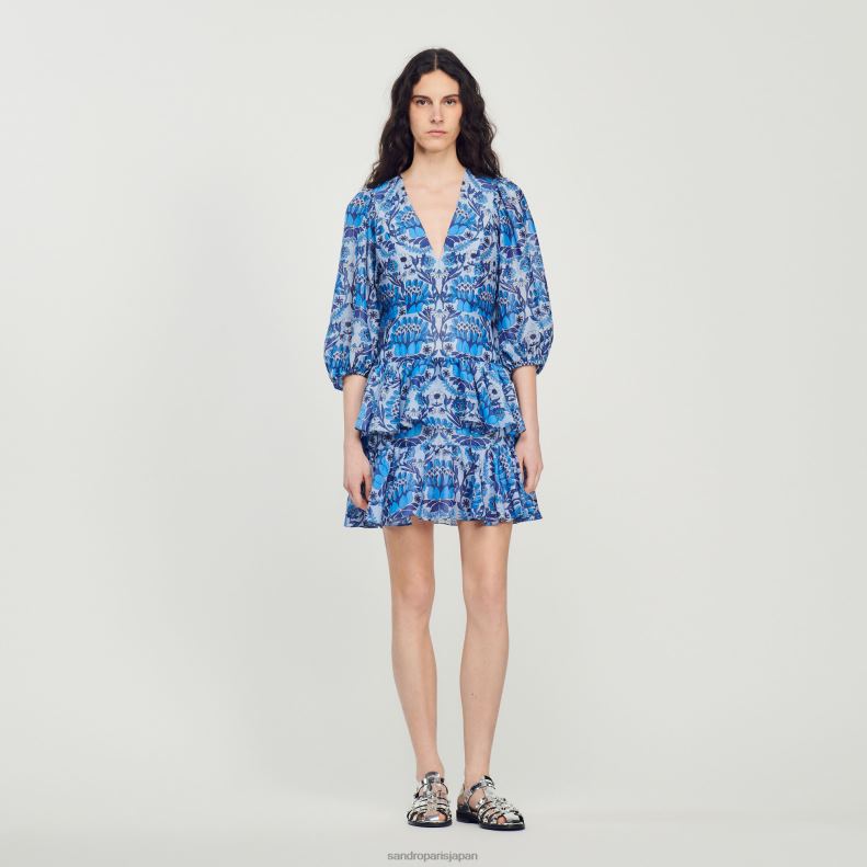 jp Sandro Paris 女性 ショートスカーフプリントドレス 青 20D4B422 衣服