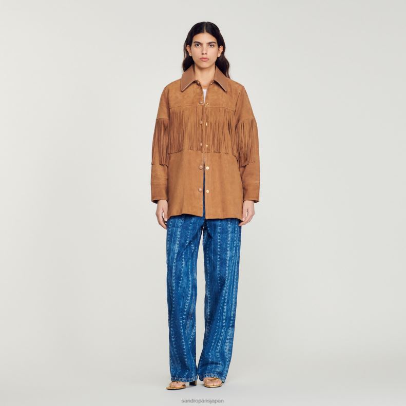 jp Sandro Paris 女性 ロングフリンジ レザージャケット キャメル 20D4B443 衣服
