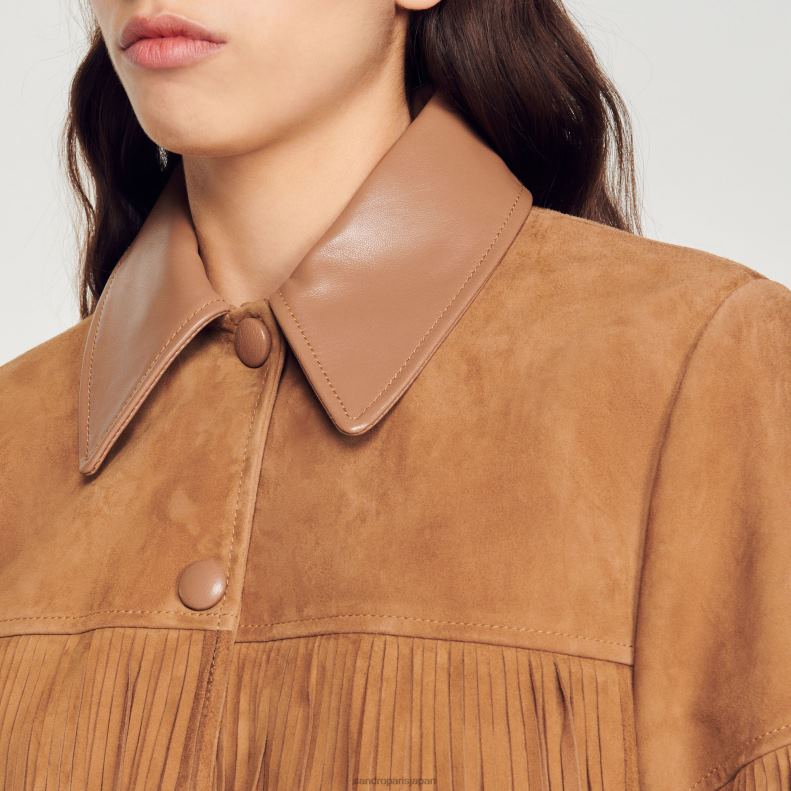 jp Sandro Paris 女性 ロングフリンジ レザージャケット キャメル 20D4B443 衣服