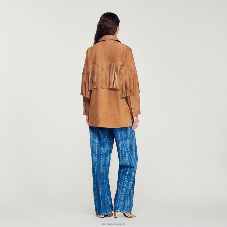 jp Sandro Paris 女性 ロングフリンジ レザージャケット キャメル 20D4B443 衣服
