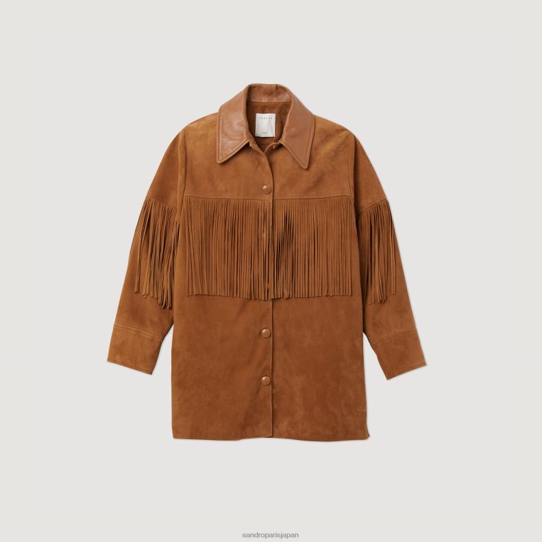 jp Sandro Paris 女性 ロングフリンジ レザージャケット キャメル 20D4B443 衣服
