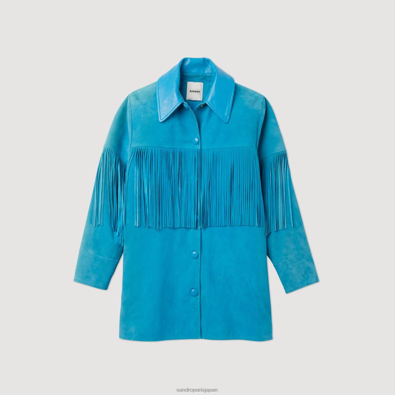 jp Sandro Paris 女性 ロングフリンジ レザージャケット ターコイズ 20D4B444 衣服