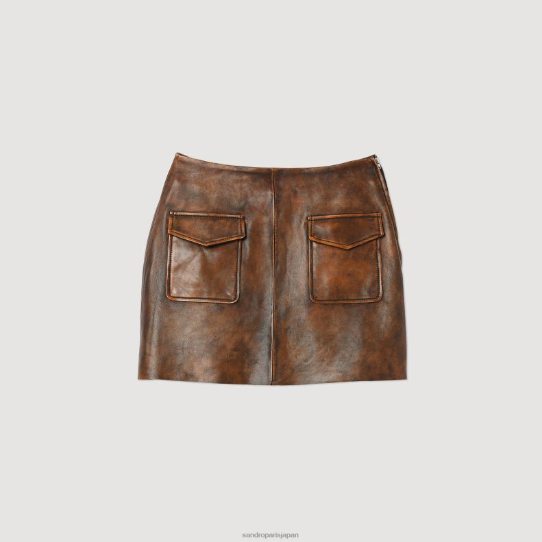 jp Sandro Paris 女性 ダメージレザーショートスカート 黒褐色 20D4B453 衣服