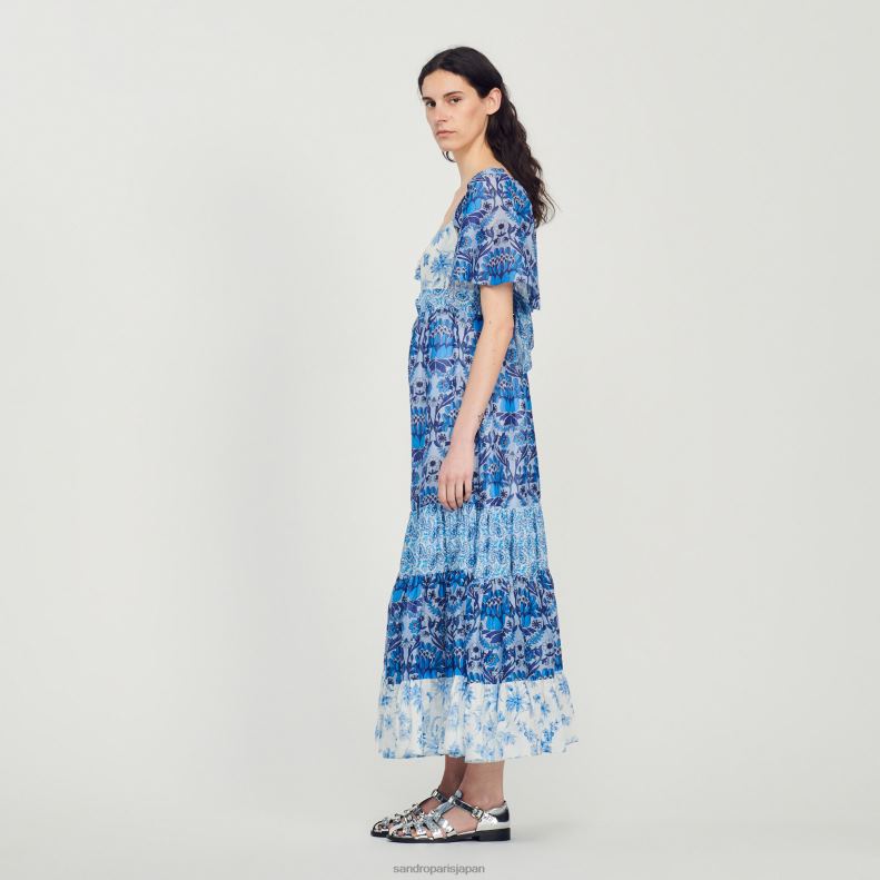 jp Sandro Paris 女性 スカーフプリントロングドレス 青 20D4B454 衣服