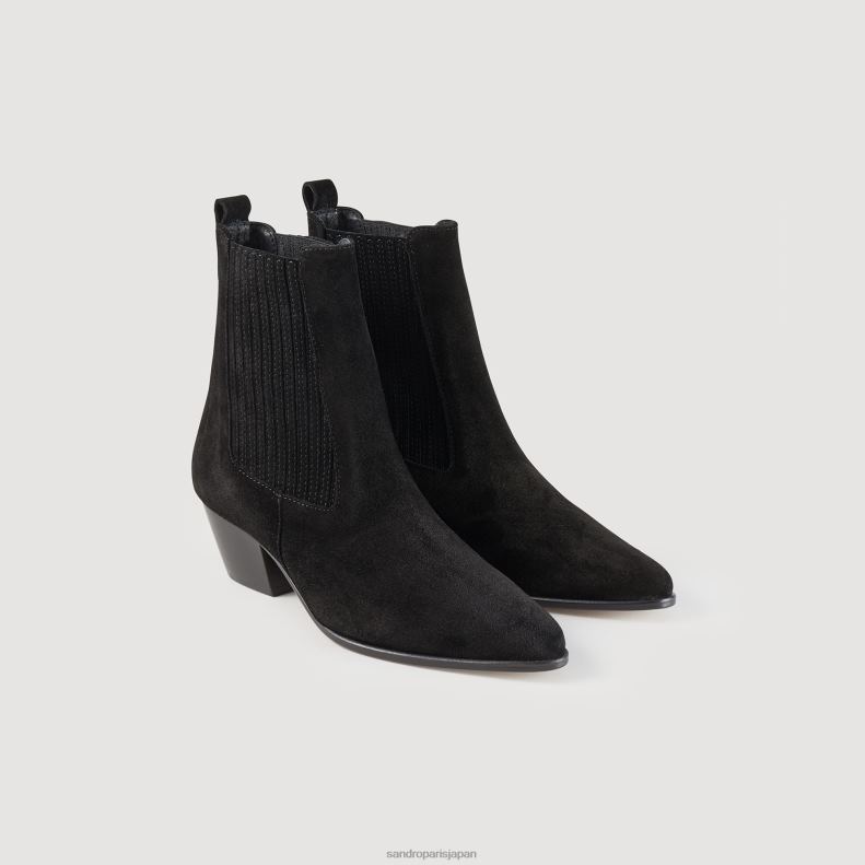 jp Sandro Paris 女性 伸縮性のあるレザーアンクルブーツ 黒 20D4B480 履物