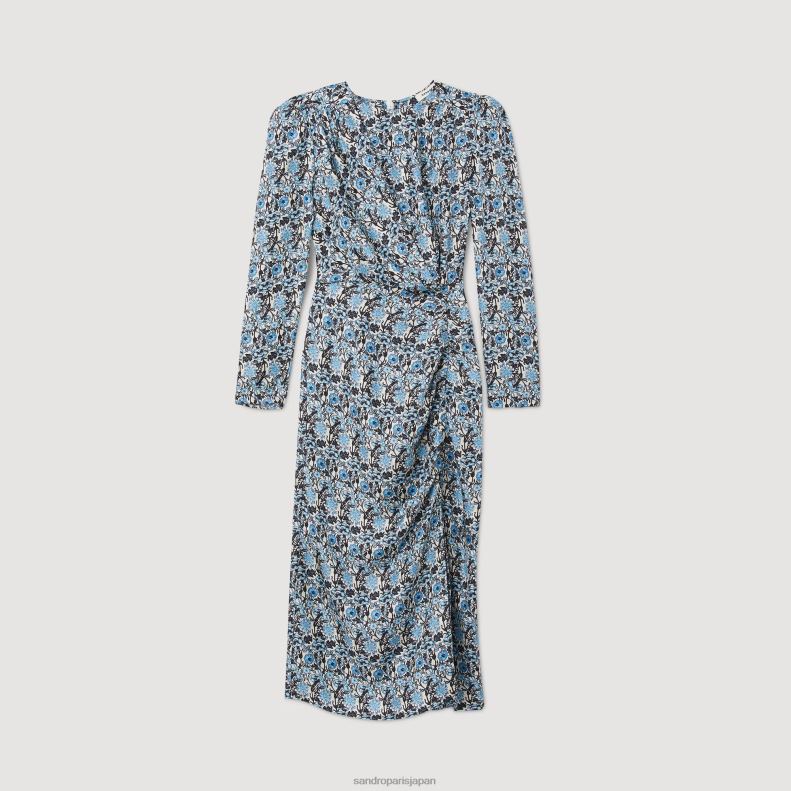 jp Sandro Paris 女性 ドレープの長いシルクドレス ブルー/ベージュ 20D4B51 衣服