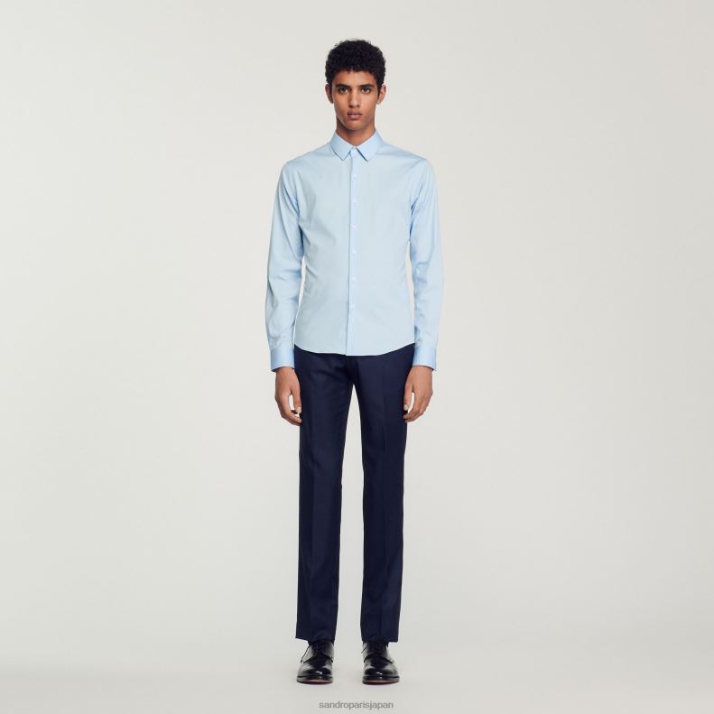 jp Sandro Paris 男性 フィットしたストレッチコットンシャツ 空色 20D4B613 衣服