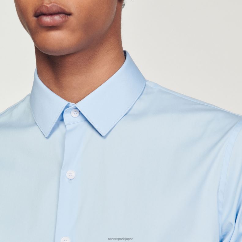 jp Sandro Paris 男性 フィットしたストレッチコットンシャツ 空色 20D4B613 衣服