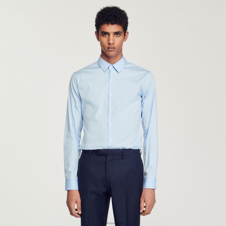 jp Sandro Paris 男性 フィットしたストレッチコットンシャツ 空色 20D4B613 衣服