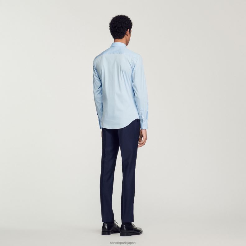 jp Sandro Paris 男性 フィットしたストレッチコットンシャツ 空色 20D4B613 衣服