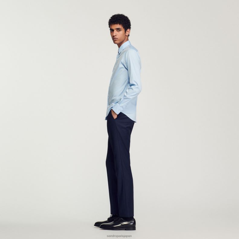 jp Sandro Paris 男性 フィットしたストレッチコットンシャツ 空色 20D4B613 衣服