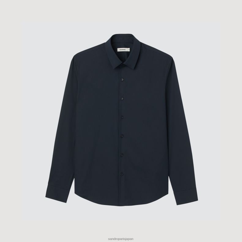 jp Sandro Paris 男性 フィットしたストレッチコットンシャツ ネイビーブルー 20D4B614 衣服