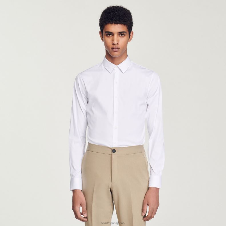 jp Sandro Paris 男性 フィットしたストレッチコットンシャツ 白 20D4B615 衣服