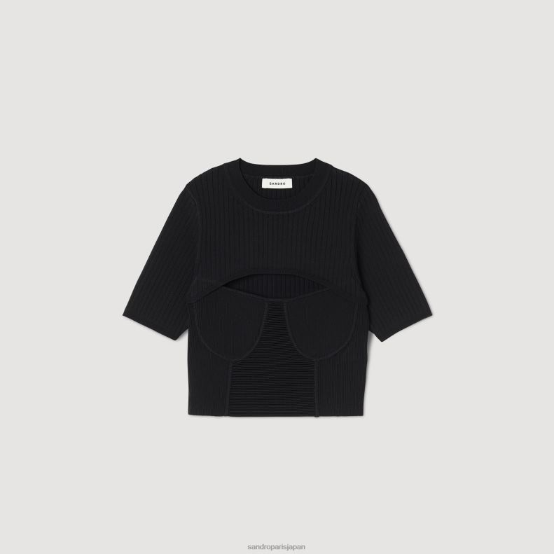 jp Sandro Paris 女性 クロップド 透かし彫りセーター 黒 20D4B62 衣服