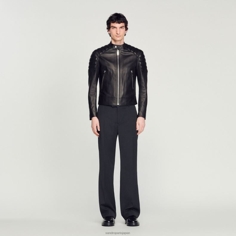 jp Sandro Paris 男性 キルティングトリム付きレザージャケット 黒 20D4B637 衣服