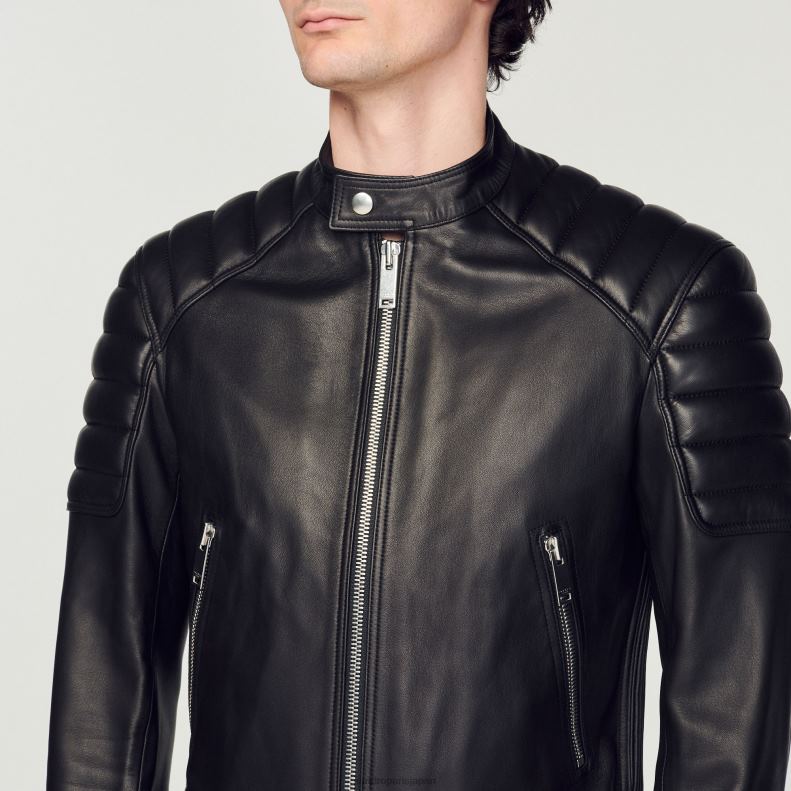 jp Sandro Paris 男性 キルティングトリム付きレザージャケット 黒 20D4B637 衣服