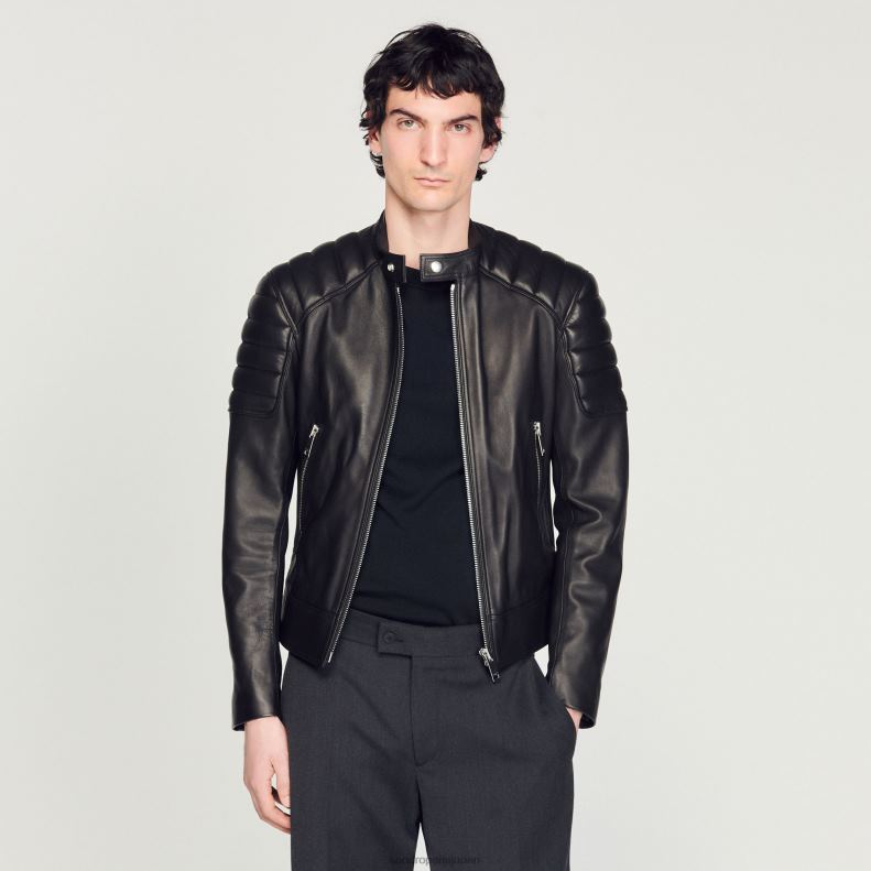 jp Sandro Paris 男性 キルティングトリム付きレザージャケット 黒 20D4B637 衣服