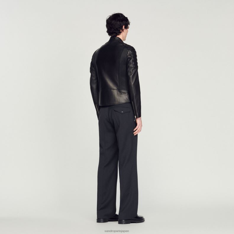 jp Sandro Paris 男性 キルティングトリム付きレザージャケット 黒 20D4B637 衣服