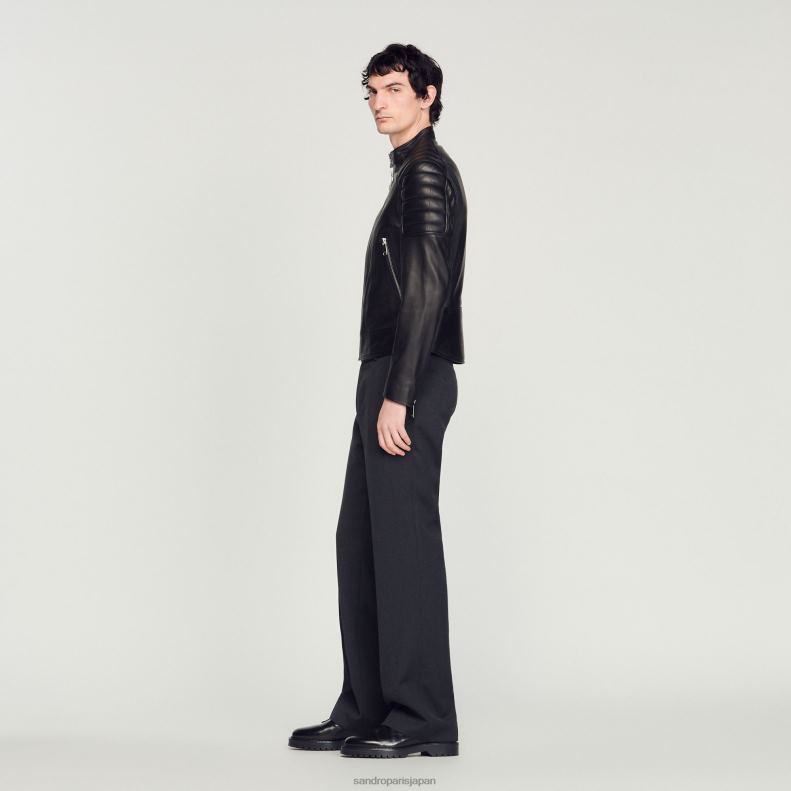 jp Sandro Paris 男性 キルティングトリム付きレザージャケット 黒 20D4B637 衣服