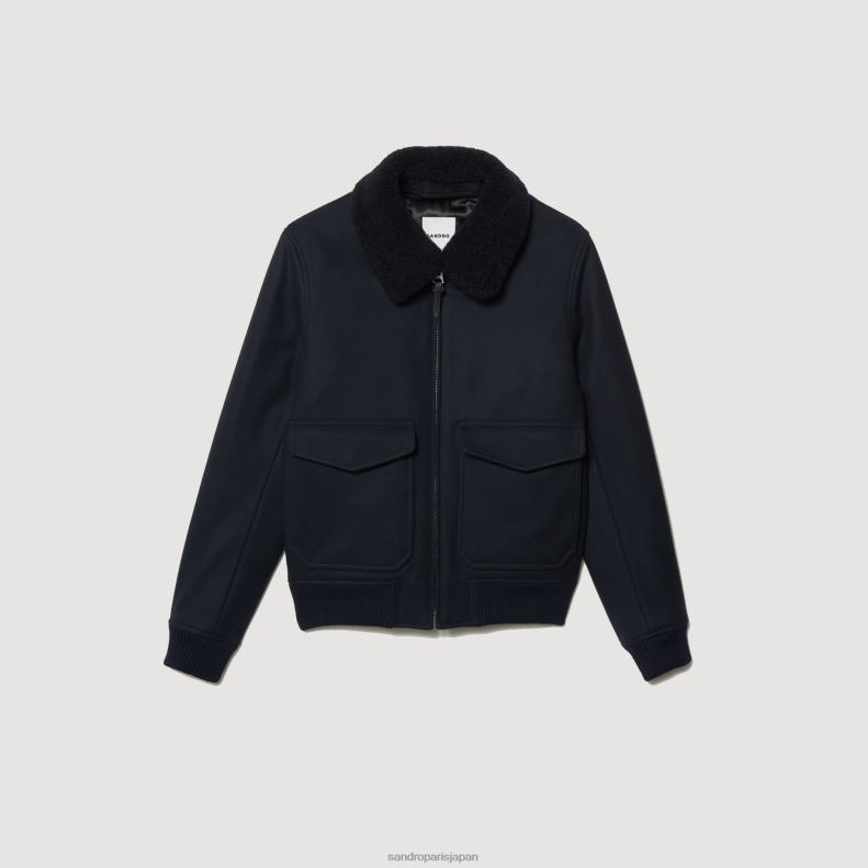jp Sandro Paris 男性 シープスキンの襟が付いたアビエータージャケット ネイビーブルー 20D4B680 衣服