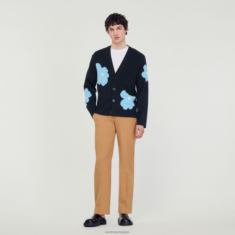 jp Sandro Paris 男性 フラワーモチーフのニットカーディガン ネイビーブルー 20D4B695 衣服