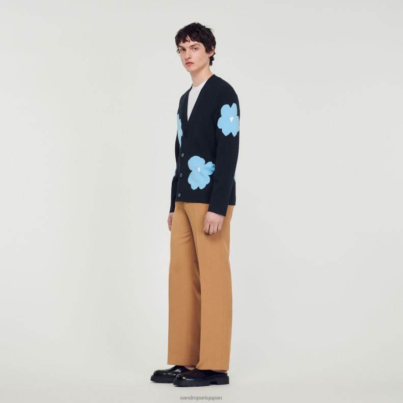 jp Sandro Paris 男性 フラワーモチーフのニットカーディガン ネイビーブルー 20D4B695 衣服