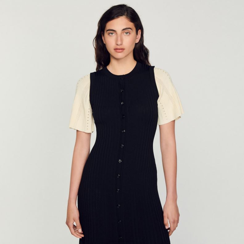 jp Sandro Paris 女性 ツートーン ミディニットドレス 黒 20D4B6 衣服