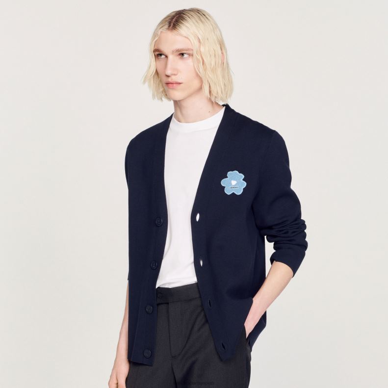 jp Sandro Paris 男性 フラワーパッチカーディガン ネイビーブルー 20D4B732 衣服