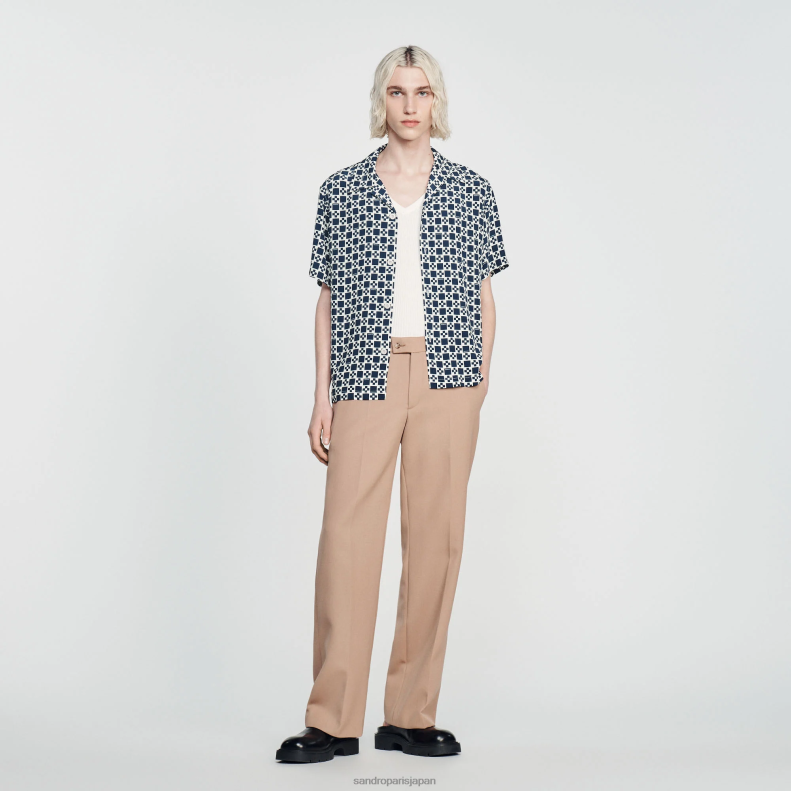 jp Sandro Paris 男性 流れるような半袖シャツ スクエアクロス ネイビー 20D4B753 衣服