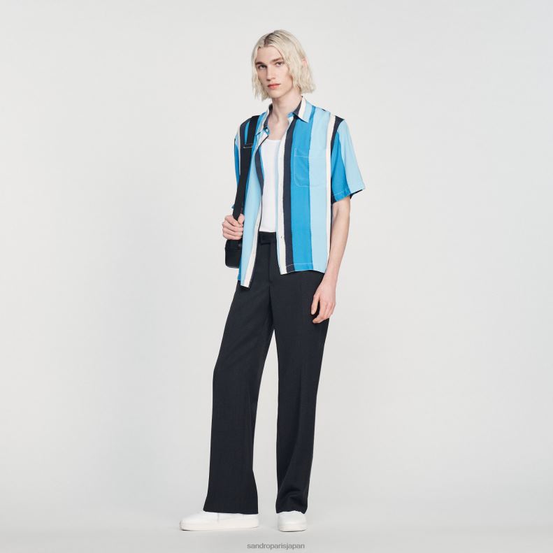 jp Sandro Paris 男性 流れるようなストライプの半袖シャツ 青 20D4B758 衣服