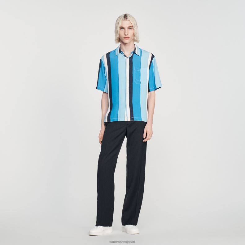jp Sandro Paris 男性 流れるようなストライプの半袖シャツ 青 20D4B758 衣服