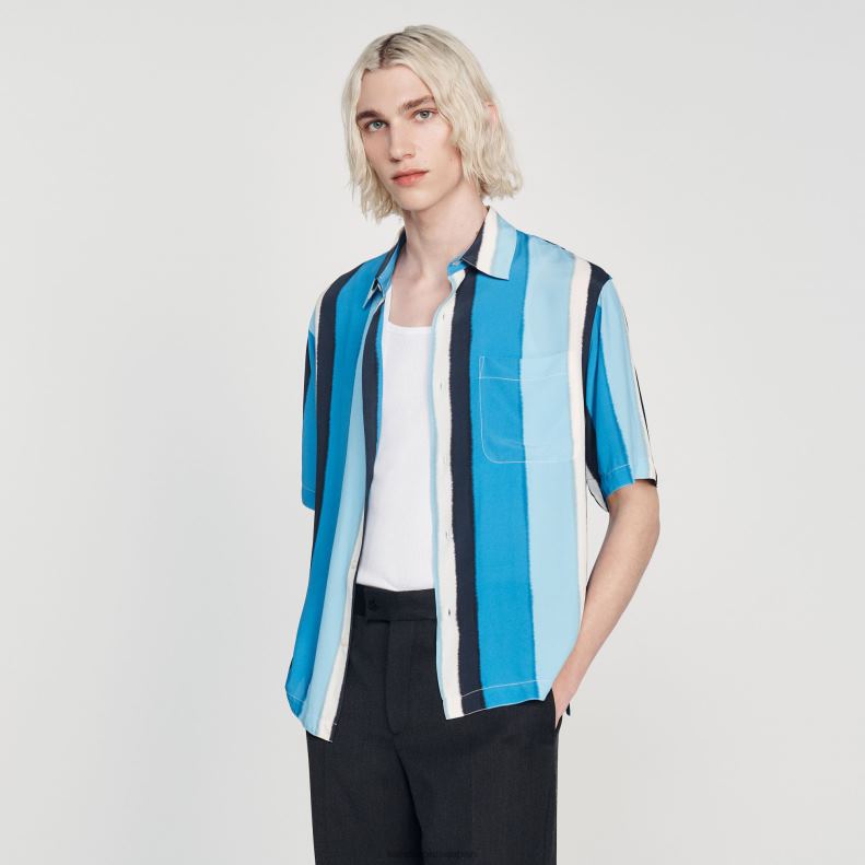 jp Sandro Paris 男性 流れるようなストライプの半袖シャツ 青 20D4B758 衣服