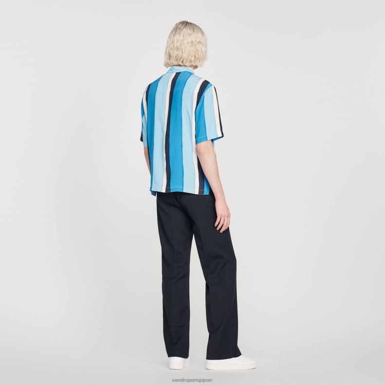 jp Sandro Paris 男性 流れるようなストライプの半袖シャツ 青 20D4B758 衣服