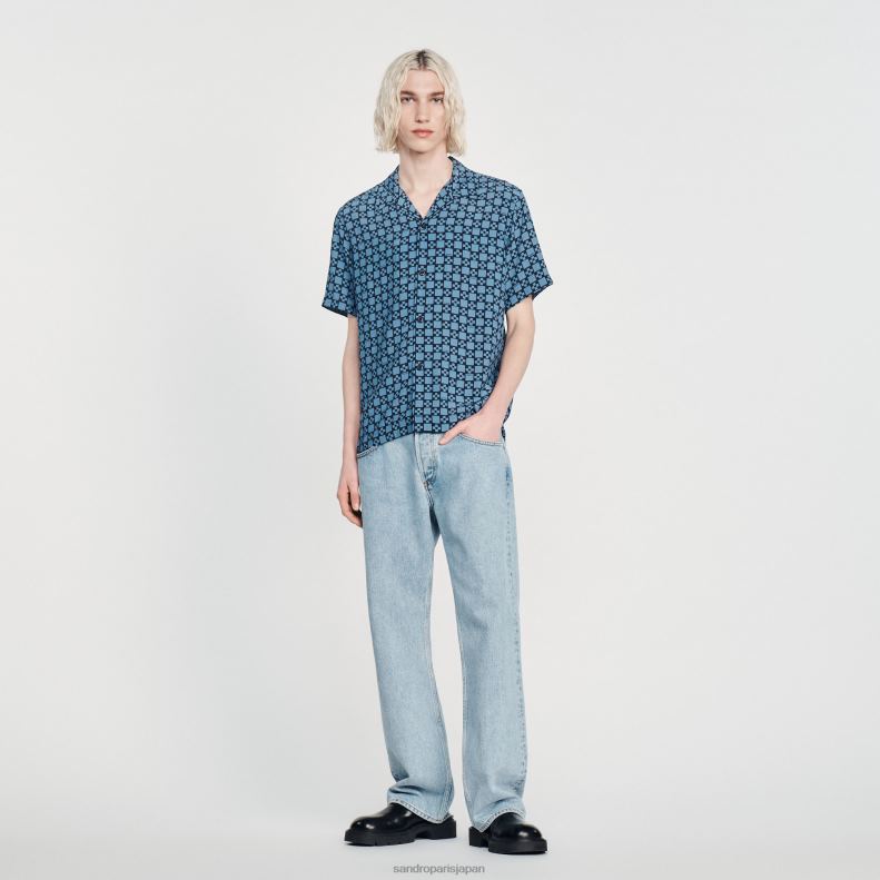 jp Sandro Paris 男性 流れるような半袖シャツ ネイビーブルー 20D4B769 衣服