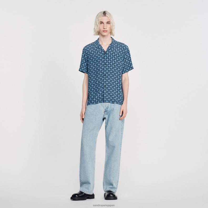 jp Sandro Paris 男性 流れるような半袖シャツ ネイビーブルー 20D4B769 衣服