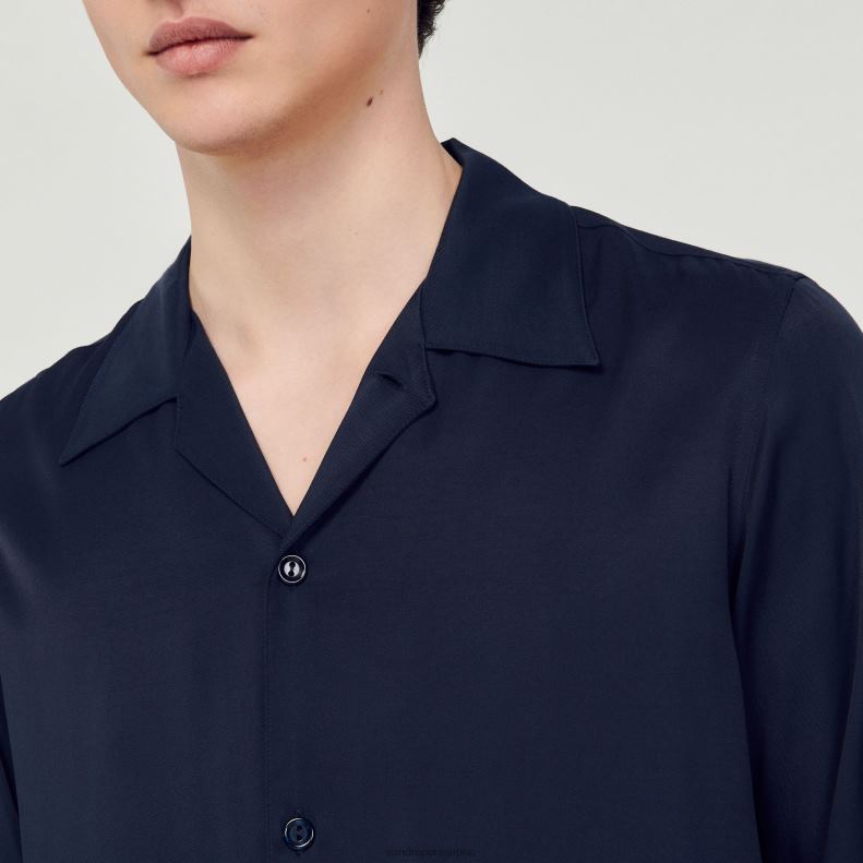 jp Sandro Paris 男性 スプレッドカラーのフワフワシャツ ネイビーブルー 20D4B798 衣服