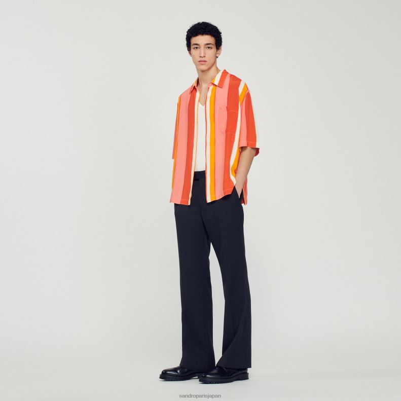 jp Sandro Paris 男性 流れるようなストライプの半袖シャツ 赤 20D4B821 衣服