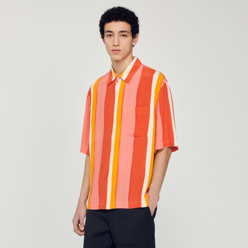 jp Sandro Paris 男性 流れるようなストライプの半袖シャツ 赤 20D4B821 衣服