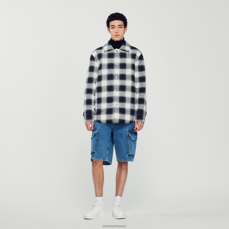 jp Sandro Paris 男性 キルティングチェックジャケット 黒、白 20D4B829 衣服