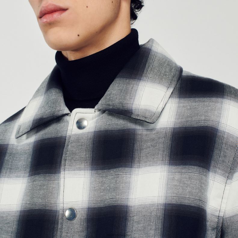 jp Sandro Paris 男性 キルティングチェックジャケット 黒、白 20D4B829 衣服