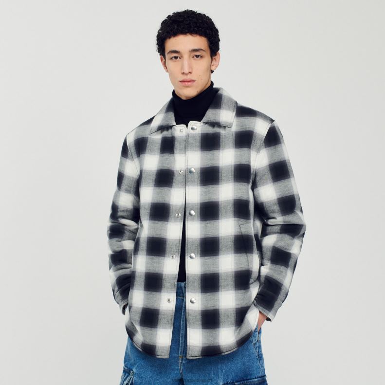 jp Sandro Paris 男性 キルティングチェックジャケット 黒、白 20D4B829 衣服