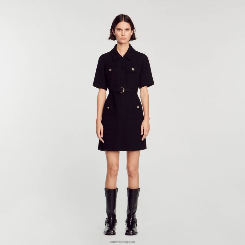 jp Sandro Paris 女性 2つの素材を使用した半袖ドレス 黒 20D4B157 衣服