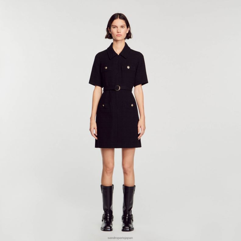 jp Sandro Paris 女性 2つの素材を使用した半袖ドレス 黒 20D4B157 衣服