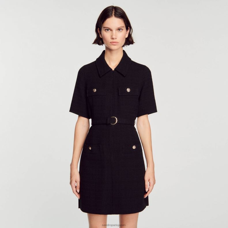 jp Sandro Paris 女性 2つの素材を使用した半袖ドレス 黒 20D4B157 衣服